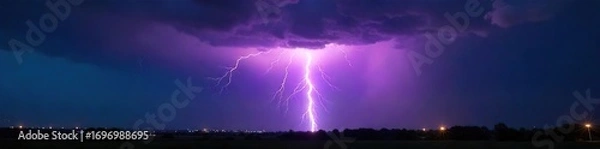 Fototapeta Dramatic split-second image of a powerful lightning bolt striking during a nighttime thunderstorm, illuminating the dark sky with intense brilliance ,  climatology,  light