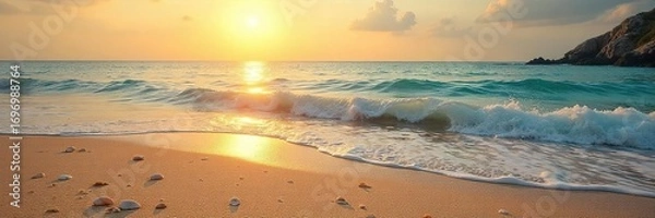 Fototapeta Golden hour sunlight bathes a pristine sandy beach, gentle waves lapping the shore Seashells scattered along the tideline, sea breeze, coastal calm, tranquil scene , relax, seaside