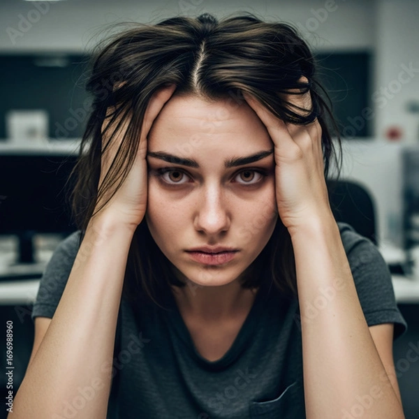Obraz A distressed woman with her hands on her head looks directly at the camera