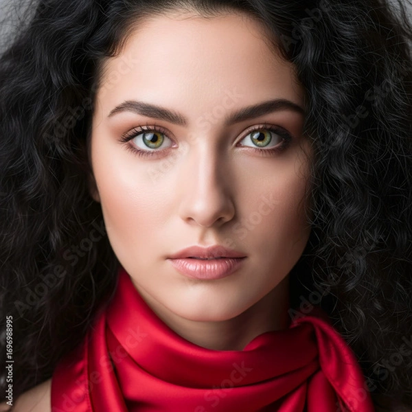 Obraz A close-up portrait of a woman with curly hair and a red scarf