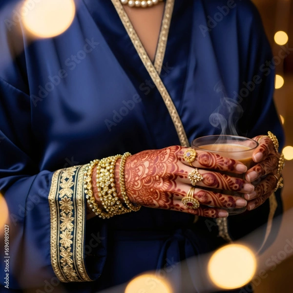 Obraz A woman with henna-painted hands holds a steaming cup of tea