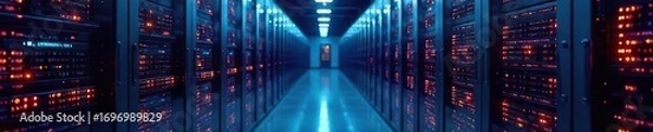 Fototapeta Sleek server room filled with humming network equipment, fiber optic cables, and advanced technology ensuring seamless telecom connectivity , network security, computers, technology