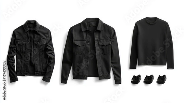 Fototapeta Casual men’s wear set of five items, including a black jacket and t-shirt, displayed on white background