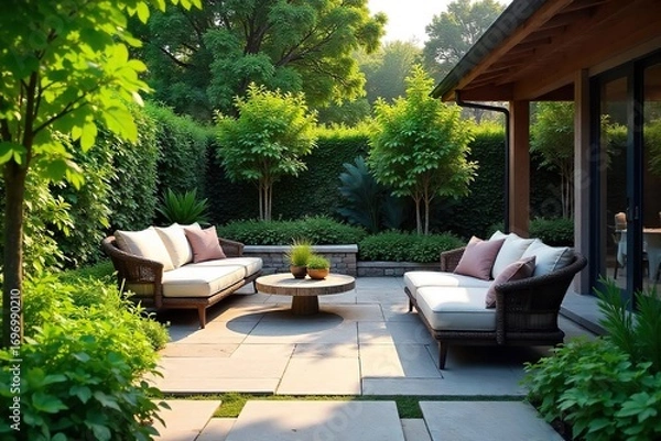 Fototapeta Serene patio oasis featuring lush greenery, natural stone paving, and comfortable seating Perfect for relaxation and outdoor entertaining , pillows, trees