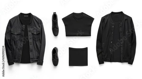 Fototapeta Casual men’s wear set of five items, including a black jacket and t-shirt, displayed on white background