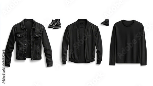Fototapeta Casual men’s wear set of five items, including a black jacket and t-shirt, displayed on white background