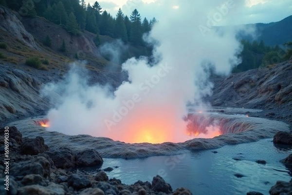 Fototapeta Ethereal mineral-rich steam rises from a geothermal vent, creating a mystical, otherworldly atmosphere Perfect for spa, wellness, or geological concepts , smooth, hot springs, geyser