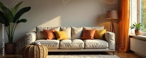 Fototapeta Cozy living room with comfy couch, throw pillows, and a warm inviting atmosphere Perfect for relaxation and quiet evenings at home , minimalist, inviting, lamp