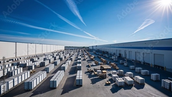 Obraz Extensive warehouse area with stacked pallets under a clear sky.