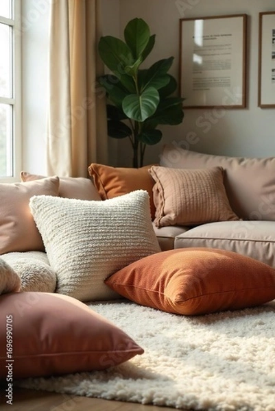 Fototapeta Soft, plush cushions scattered on a cozy living room floor, creating a relaxed and inviting atmosphere Perfect for a quiet afternoon or a family gathering , cushion, texture, serenity