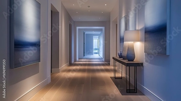 Fototapeta Minimalist hallway showcasing refined design and statement furniture.