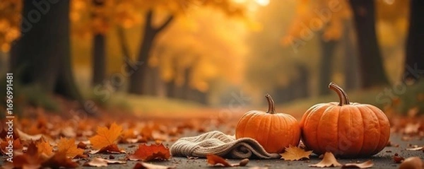 Fototapeta Cozy autumn scene with warm-toned sweaters, pumpkins, and falling leaves, evoking a feeling of relaxed fall comfort instead of summer's heat , harvest, brown