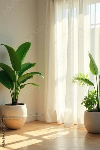 Fototapeta Soft sunlight streams through sheer curtains onto a peaceful, minimalist room with plants, creating a serene atmosphere of gentle spirituality , minimalist, light, clean