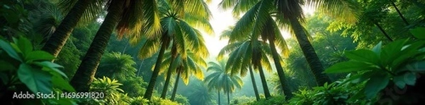 Fototapeta Dense palm trees create a lush, green canopy in this vibrant forest scene Sunlight filters through the leaves, illuminating the forest floor , plantation, plant life, forest