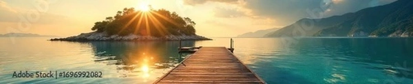 Fototapeta Serene island dock, nestled amongst tranquil waters, bathed in golden sunlight Ideal for travel, vacation, relaxation, and idyllic escape themes , clouds, day