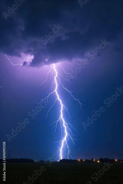 Fototapeta Dramatic lightning bolt striking during a powerful summer thunderstorm, illuminating a dark, ominous sky The raw energy of nature is captured in this breathtaking shot , flash, dark clouds
