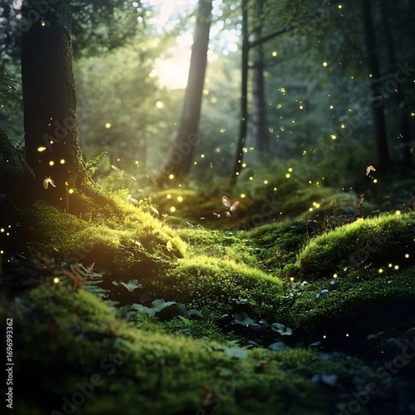 Fototapeta Magical night forest glowing with fireflies high resolution picture