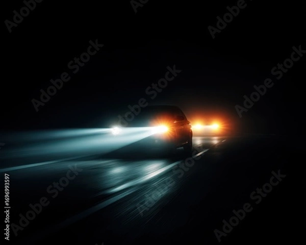 Fototapeta Abstract Headlight Beam of an Approaching Automobile Illuminating a Dark Background in a Bright Contrast