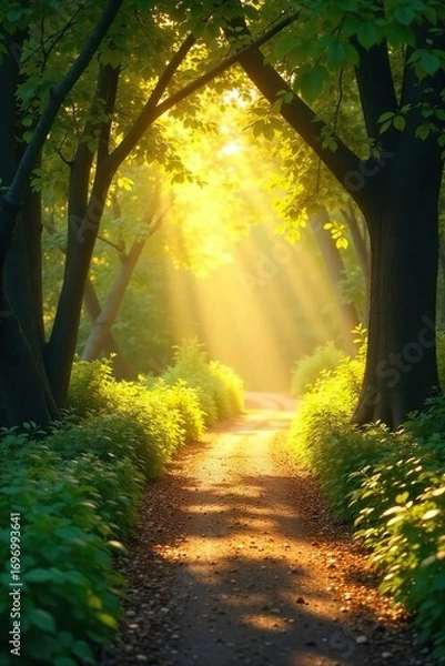 Fototapeta Sunlit Path to Serenity Golden Light Streams Through Leaves Illuminating a Peaceful Scene, Perfect for Meditation and Inner Peace Concepts