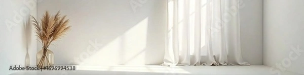 Fototapeta Serene whitewashed walls, soft sunlight streaming through a sheer curtain, creating a calming, minimalist atmosphere Perfect for relaxation, spa, or home decor themes , window, calming, cozy