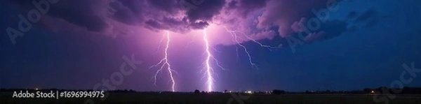 Fototapeta Dramatic close-up of a powerful bolt of lightning striking the ground during a fierce thunderstorm, illuminating the dark night sky with brilliant white light , majestic, sky, high voltage