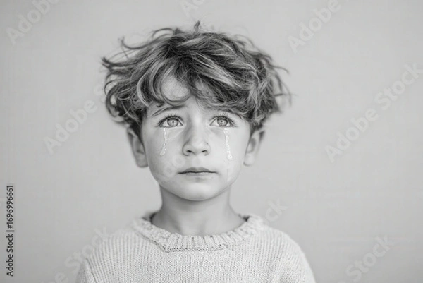 Obraz young boy exhibits panic in his eyes with tears streaming down his cheeks against clean solid background