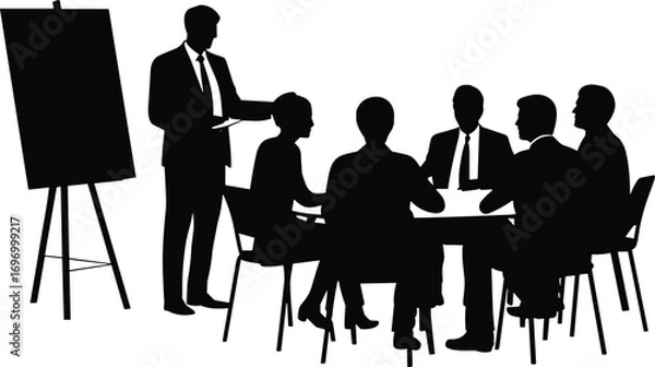 Fototapeta Vector illustration of business meeting presentation with team discussion, corporate people silhouette, manager explaining strategy on board, office teamwork collaboration concept in black and white