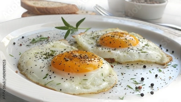 Fototapeta Two sunny side up eggs garnished with herbs and pepper