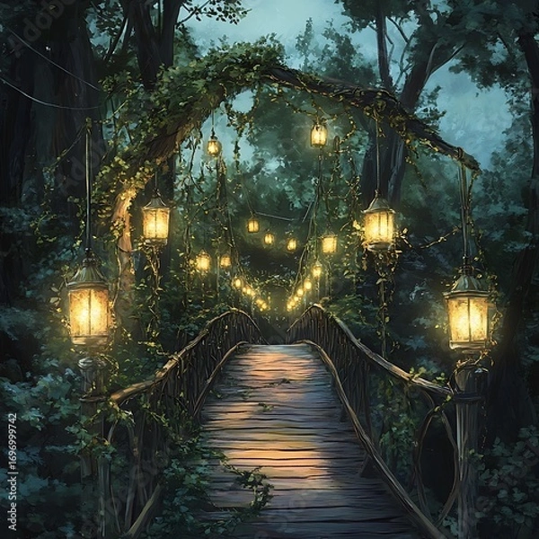 Fototapeta Magical wooden bridge covered in glowing vines high resolution picture