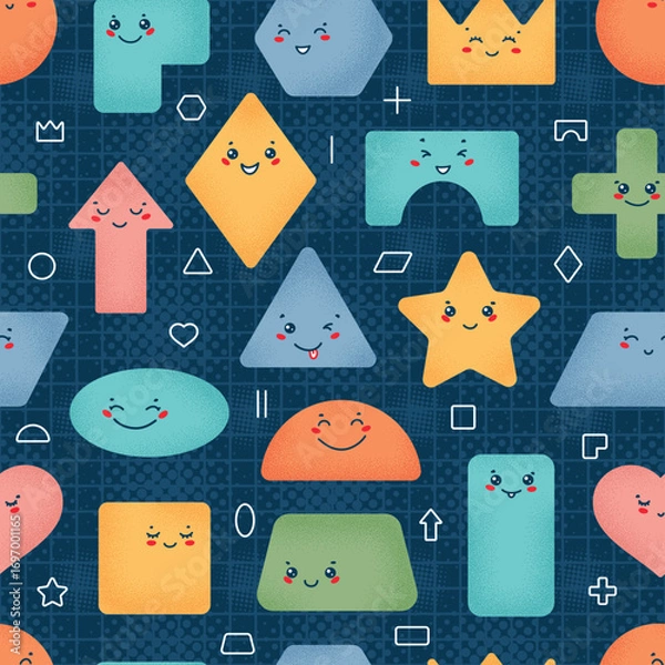 Fototapeta Baby Background with Variety Happy Characters. Colorful Cute Geometric Shapes Vector Seamless Pattern. Fun Educational Design for Preschool, Back to School, Kids Learning.