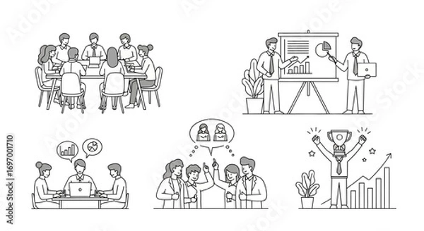 Fototapeta Business Teamwork and Success: Line Art Illustrations of Collaboration and Achievement