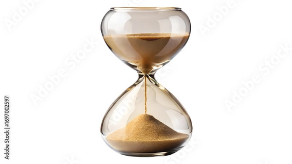 Fototapeta Hourglass with sand running through the bulb isolated on transparent background, symbolizing time, deadlines, and the fleeting nature of life