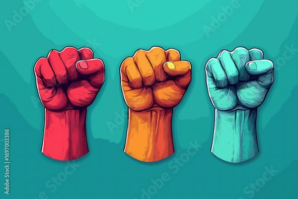 Fototapeta Three raised fists in different colors