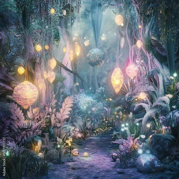 Fototapeta Magical woodland illuminated by dreamy lanterns high resolution picture