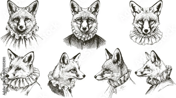 Fototapeta Vector vintage collection of a gentleman fox heads. Set of beautiful sketches of clever cunning animal in retro black and white style.