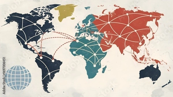 Fototapeta Global network connections across continents on world map