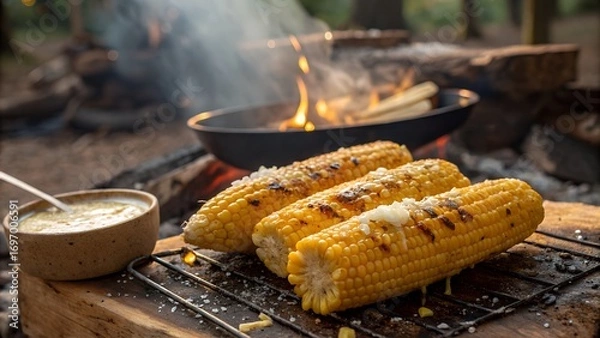 Fototapeta Grilled corn on the cob cooking over an open campfire