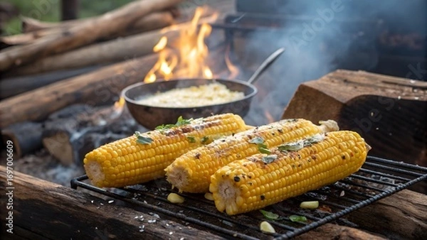 Fototapeta Delicious grilled corn on the cob cooked over an open campfire