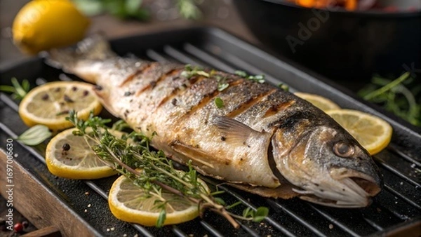 Obraz Whole grilled fish with lemon and herbs on a grilling pan