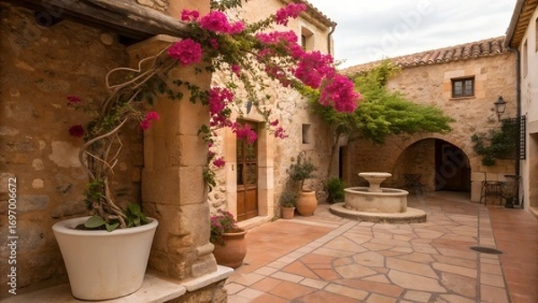 Obraz Charming mediterranean courtyard with blooming flowers and fountain