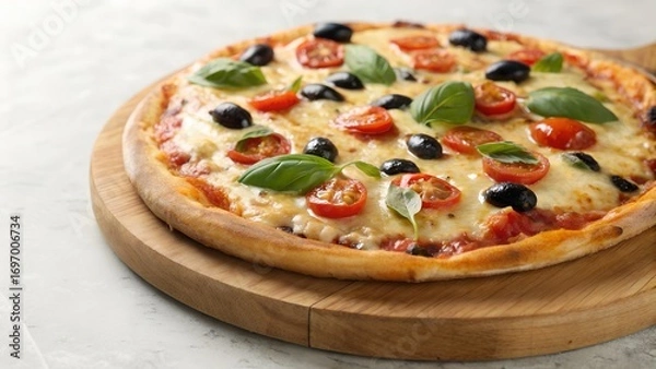 Fototapeta Delicious margherita pizza topped with fresh basil and olives