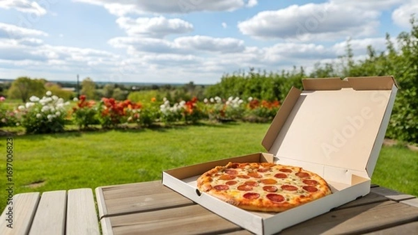 Fototapeta Pepperoni pizza in open box on picnic table outdoors