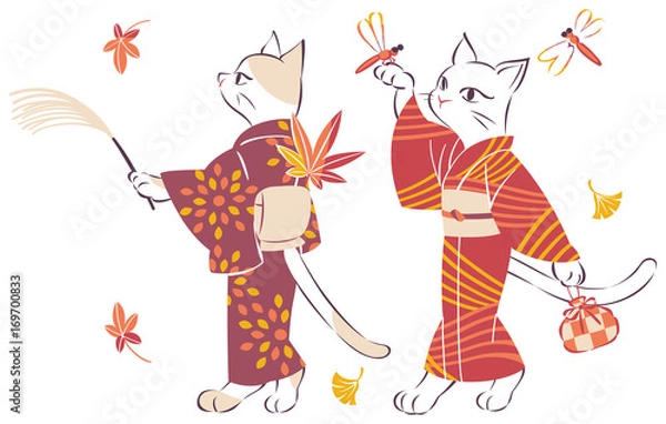 Fototapeta 着物で紅葉狩り　ねこ