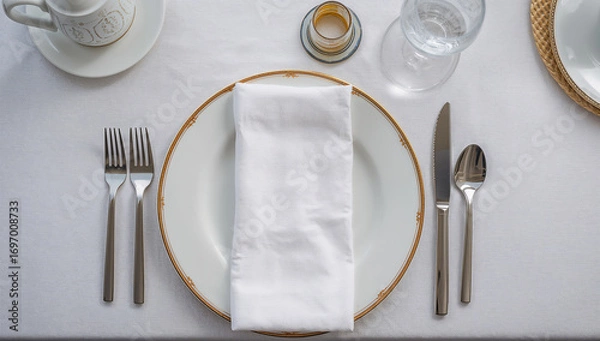 Fototapeta Set Table with White Napkin on Classic Fine China Plate