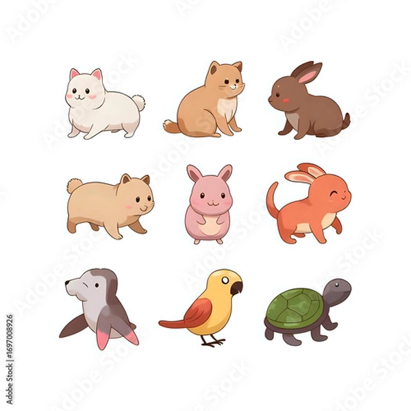 Obraz Adorable cartoon pet icons collection featuring cat, dog, rabbit, hamster, parrot, turtle, and seal. Flat kawaii style illustration perfect for kids learning materials, storybooks, flashcards, sticker