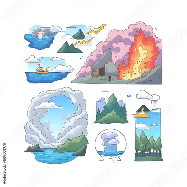 Obraz Colorful cartoon illustration set of natural disasters including wildfire, storm clouds, lightning strikes, ocean waves, floods, and extreme weather phenomena. Hand-drawn playful style, ideal