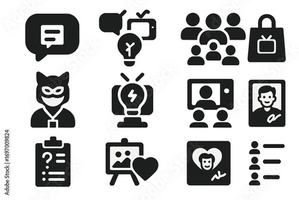 Obraz TV Fan Icons. Solid style icons of TV fan engagement: fan comment bubble, live tweet icon, show fan group, cosplay with badge, fan