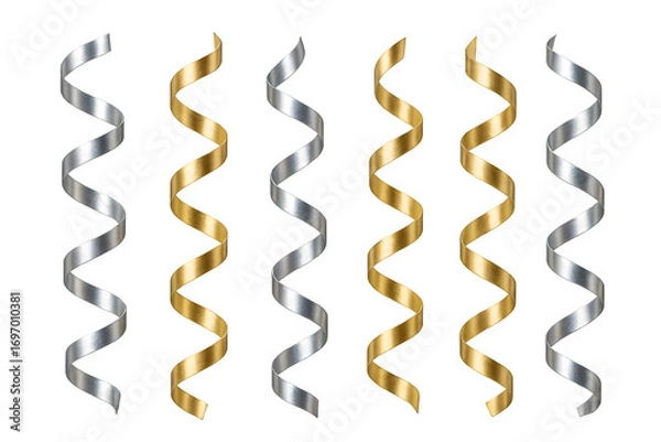 Obraz Decorative golden and silver ribbon streamers festive swirl illustration perfect for holiday celebrations, New Year’s Eve, and party artwork design