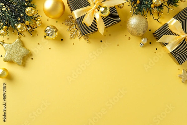 Fototapeta Festive Christmas flat lay with striped gold gifts, pine branches, glitter star, and seasonal ornaments on yellow background. Elegant holiday scene for celebration design.