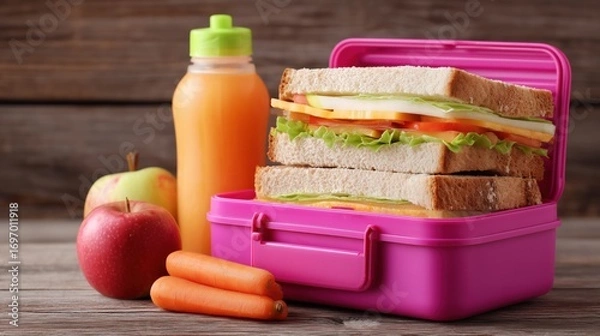 Fototapeta Pink lunch box filled with turkey and cheese sandwiches, accompanied by fresh apples, carrots, a juice bottle, and an apple